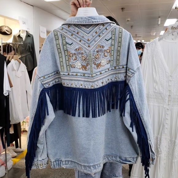 Black Vintage Wash Studded Floral Embroidered Tassel Button Down Jean jacket - Picture 3 of 11